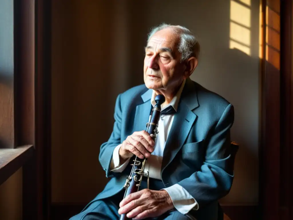 Un anciano clarinetista toca klezmer en una habitación llena de historia y luz solar, reflejando el papel del clarinete en klezmer