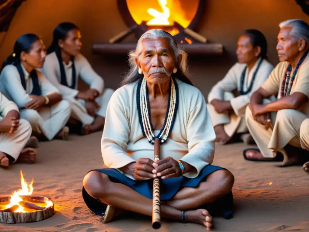 Un anciano indígena toca una flauta nativa adornada en un ritual sagrado alrededor de un fuego, transmitiendo importancia cultural de la flauta nativa