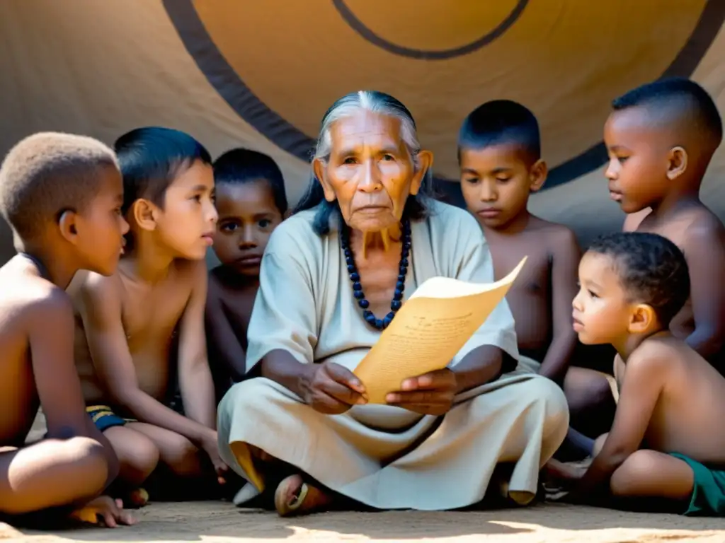 Un anciano indígena comparte sabiduría con niños en círculo