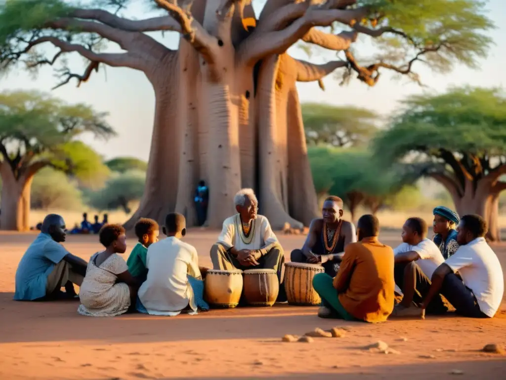 Un anciano africano enseña a jóvenes a tocar tambores bajo un baobab al atardecer