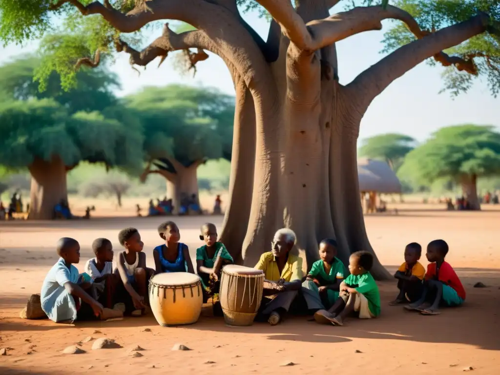 Un anciano griot maliense enseña ritmos tradicionales del jembe bajo un baobab, rodeado de niños