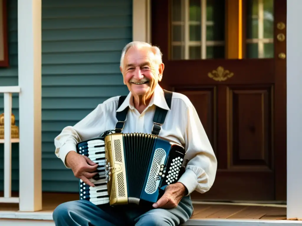 Un anciano con manos curtidas y una sonrisa amable toca el acordeón en su porche