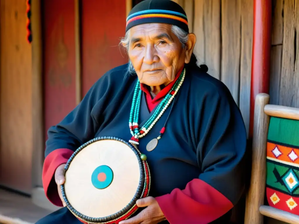 Un anciano Mapuche sostiene con amor un Kultrún adornado, mientras comparte su significado y construcción con la comunidad