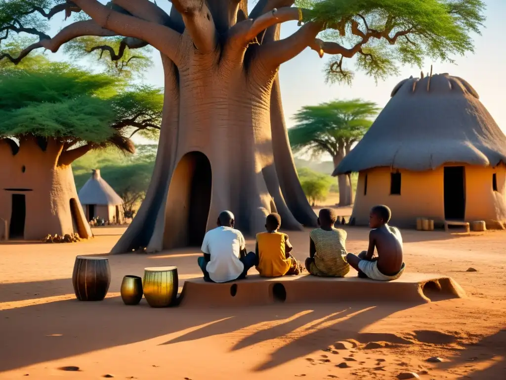 Un anciano toca el mbira bajo un baobab, mientras los niños escuchan