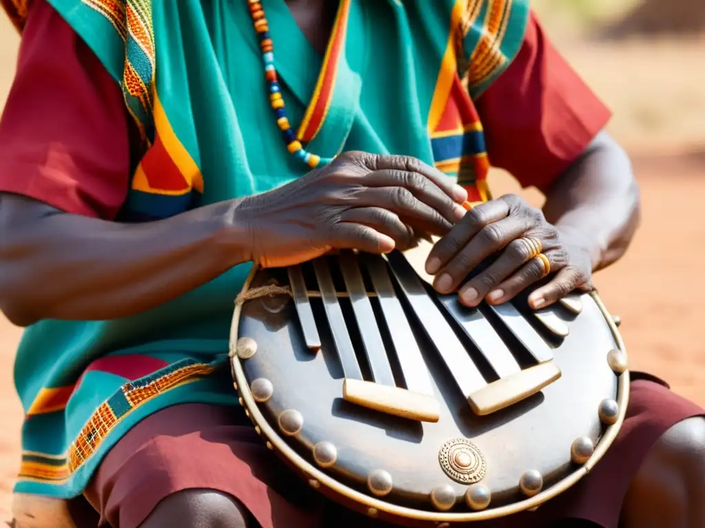 Un anciano zimbabuense toca el mbira con sus manos curtidas, reflejando la luz del sol