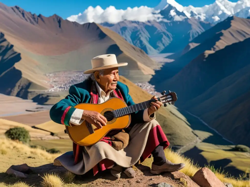 Un anciano músico andino toca la zampoña en las montañas de los Andes, destacando el origen y significado de zampoña andina