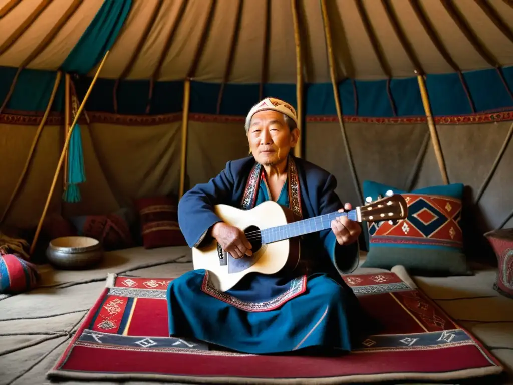 Un anciano músico tuvano toca el antiguo Igil en una yurta iluminada por la luz de la hoguera, capturando la esencia del canto de garganta tuvano Igil