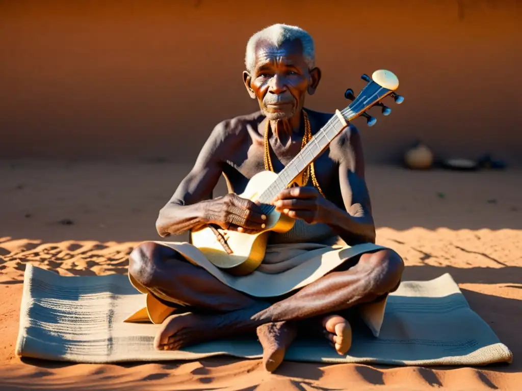 Un anciano músico BaTonga toca el kankobela al atardecer, bajo la sombra de un baobab