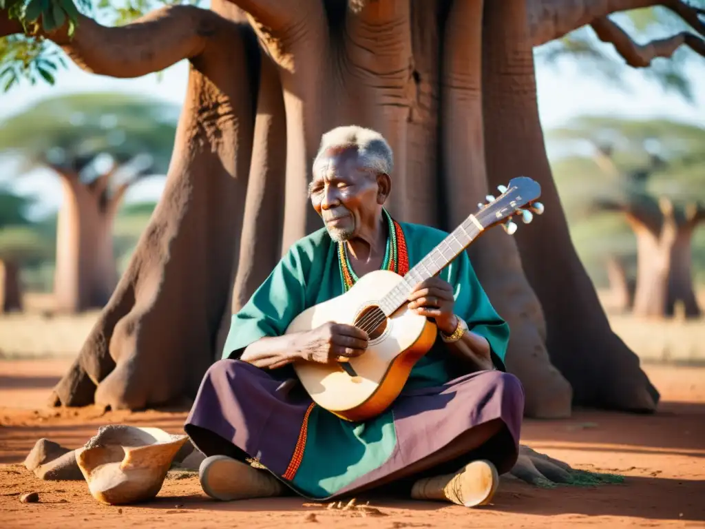 Un anciano músico en atuendo tradicional keniano toca el Nyatiti a la sombra de un baobab