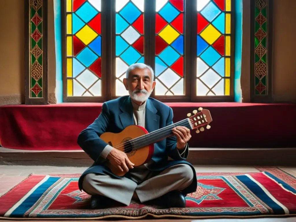Un anciano músico azerbaiyano preserva la Tar en Azerbaiyán, con sabiduría y reverencia, en una habitación iluminada por el sol