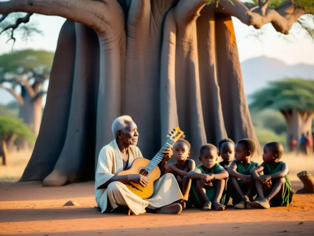 Un anciano músico Ngoni toca bajo un baobab, rodeado de niños