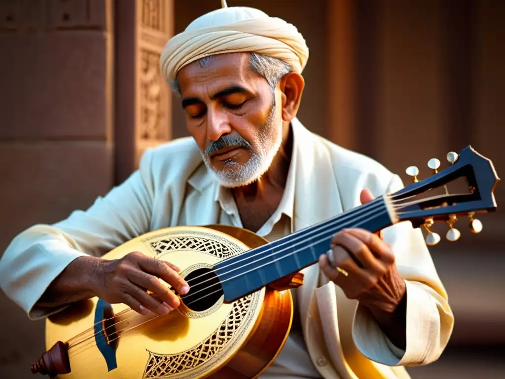 Un anciano músico toca con cuidado las cuerdas de un antiguo Oud al atardecer, transmitiendo la historia y relevancia cultural del Oud árabe