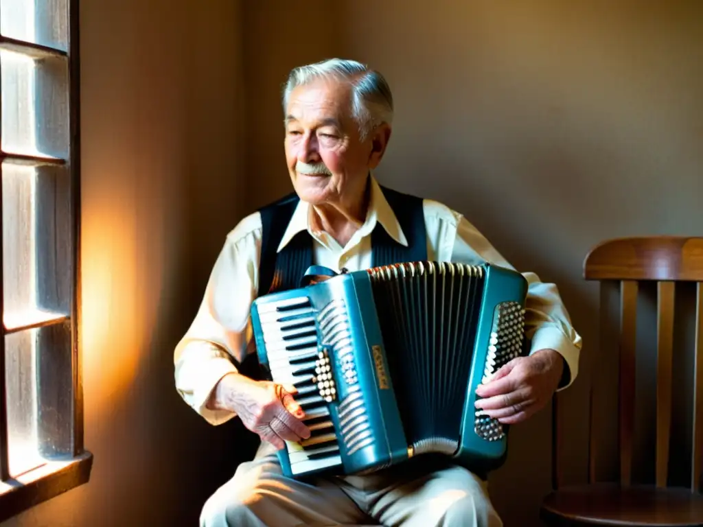 Un anciano músico toca con destreza una acordeón vintage, iluminado por la cálida luz del sol