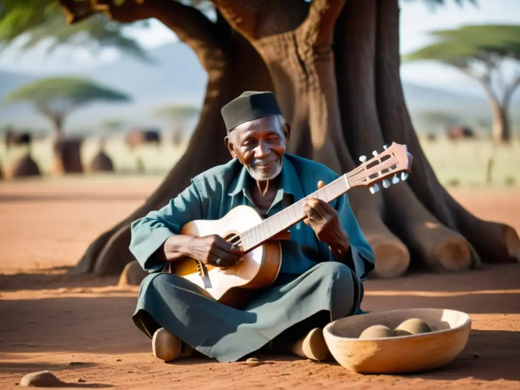 Un anciano músico keniano toca con destreza el instrumento musical Nyatiti bajo un árbol de acacia