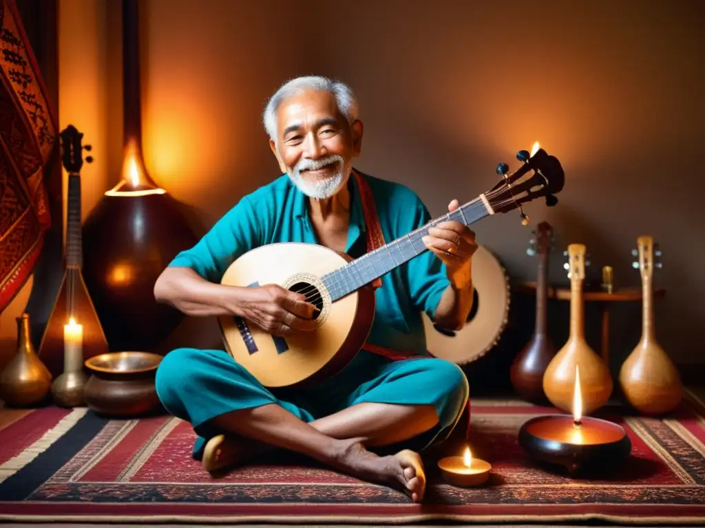 Un anciano músico toca una hermosaúd rodeado de instrumentos tradicionales en una habitación cálida y tenue