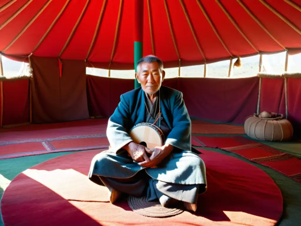 Un anciano músico tuvano toca el Igil en su yurta iluminada por la luz cálida, expresando la esencia del canto de garganta tuvano