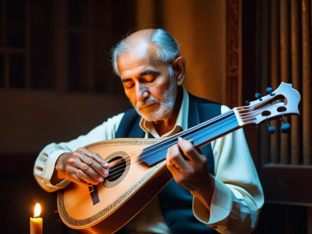 Un anciano músico toca el oud con pasión en una habitación con decoración árabe, iluminada por velas