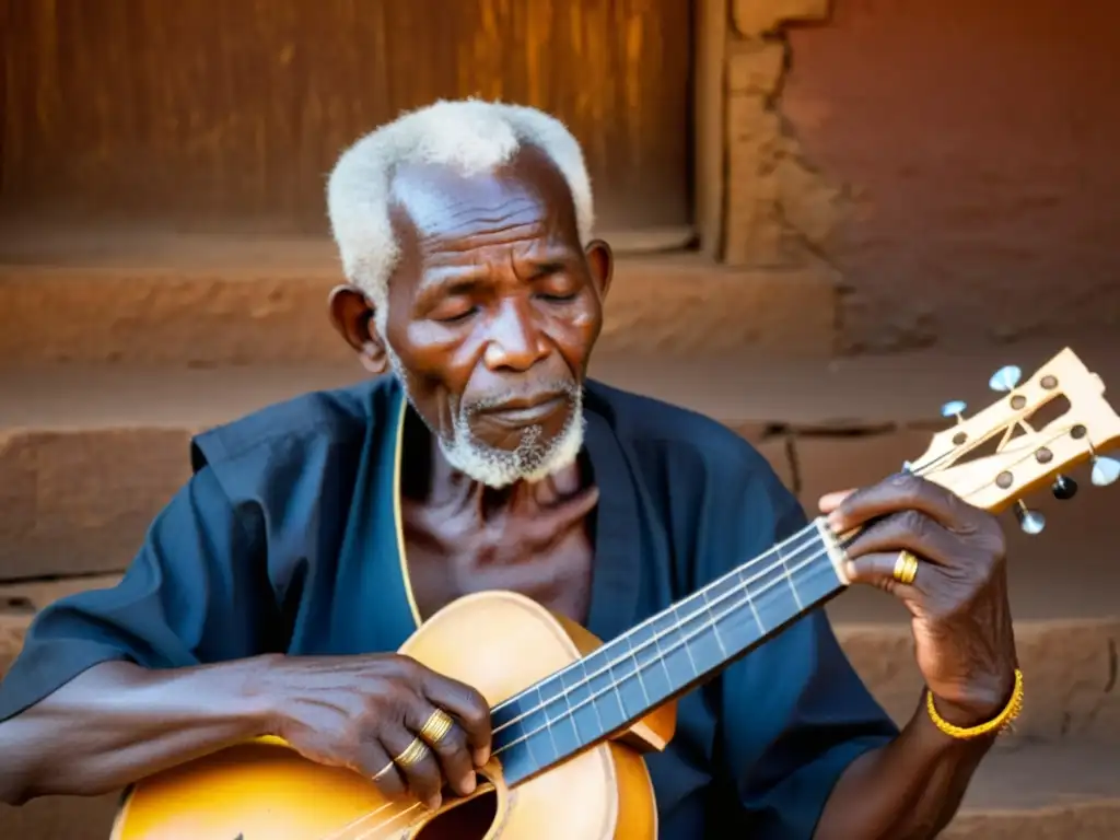 Un anciano músico maliense toca el ngoni con pasión bajo la cálida luz del sol, en las bulliciosas calles de Mali