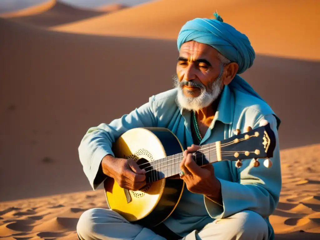 Un anciano músico marroquí toca un guembri en el desierto, con patrones coloridos en el instrumento