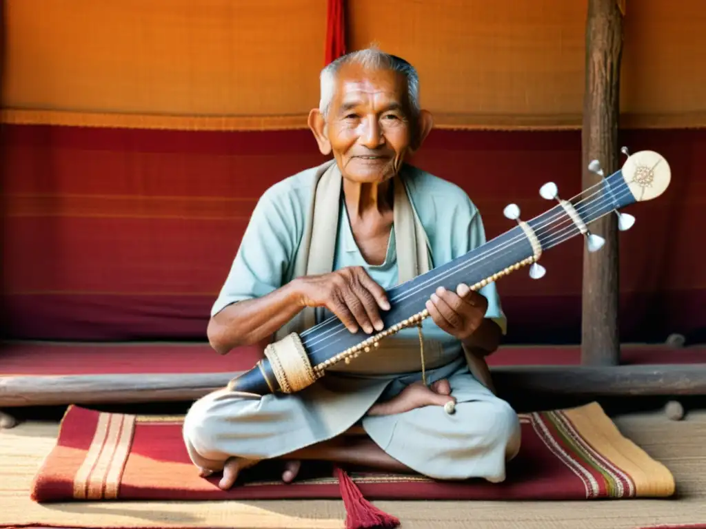 Un anciano músico nepalí toca el sarangi bajo la cálida luz del atardecer en el Himalaya, preservando la cultura y la música tradicional