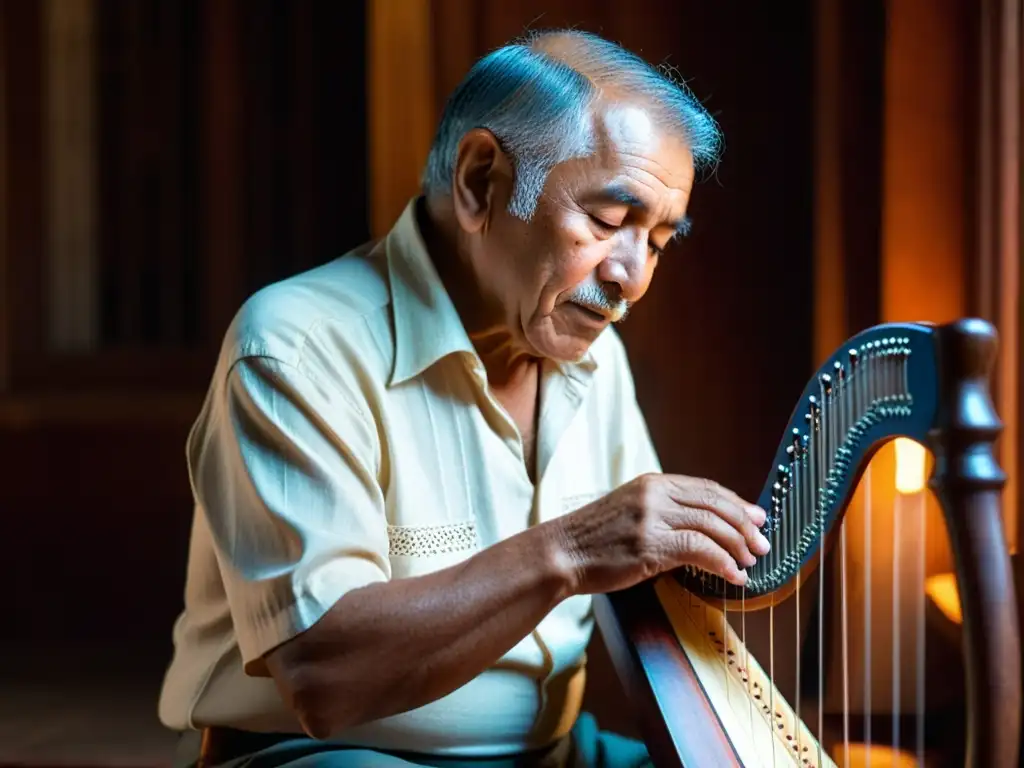 Un anciano músico toca el arpa paraguaya en una habitación tenue, conectando con la historia y sonido del arpa paraguaya