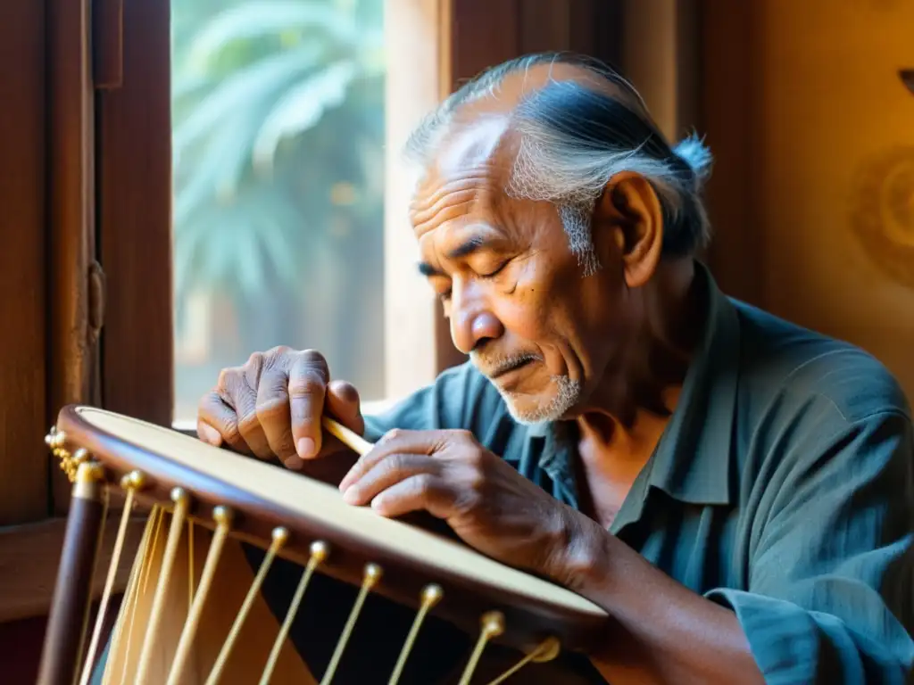Melodía ancestral: músico anciano toca el rabel con maestría Un anciano músico toca el rabel, rodeado de historia y relevancia cultural, en una habitación llena de instrumentos musicales antiguos y tapices