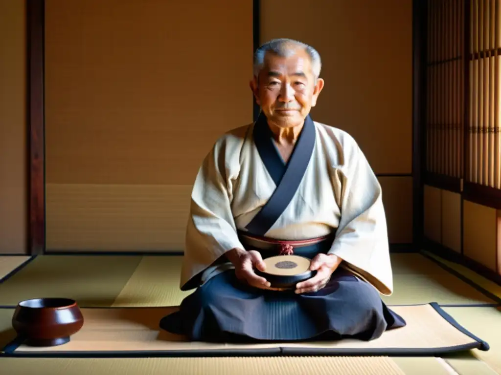 Un anciano músico japonés toca el shamisen en una habitación tradicional iluminada por luz natural