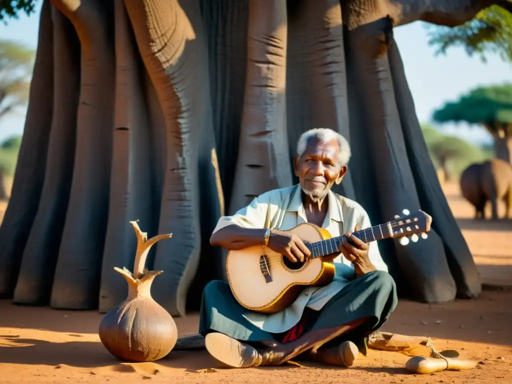 Un anciano músico Jola descansa bajo la sombra de un gran baobab, tocando un akonting de Gambia, con el sol filtrándose entre las hojas