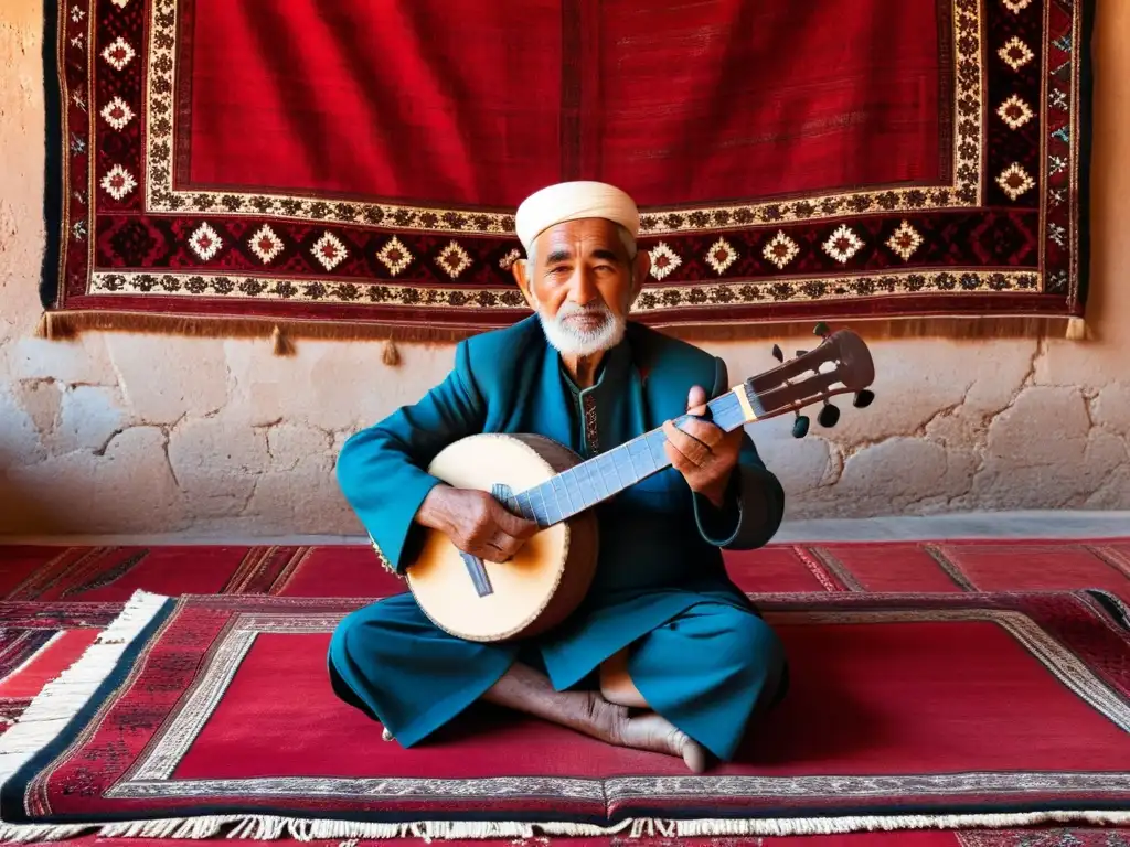 Un anciano músico turcomano toca el dutar en una habitación con alfombras rojas