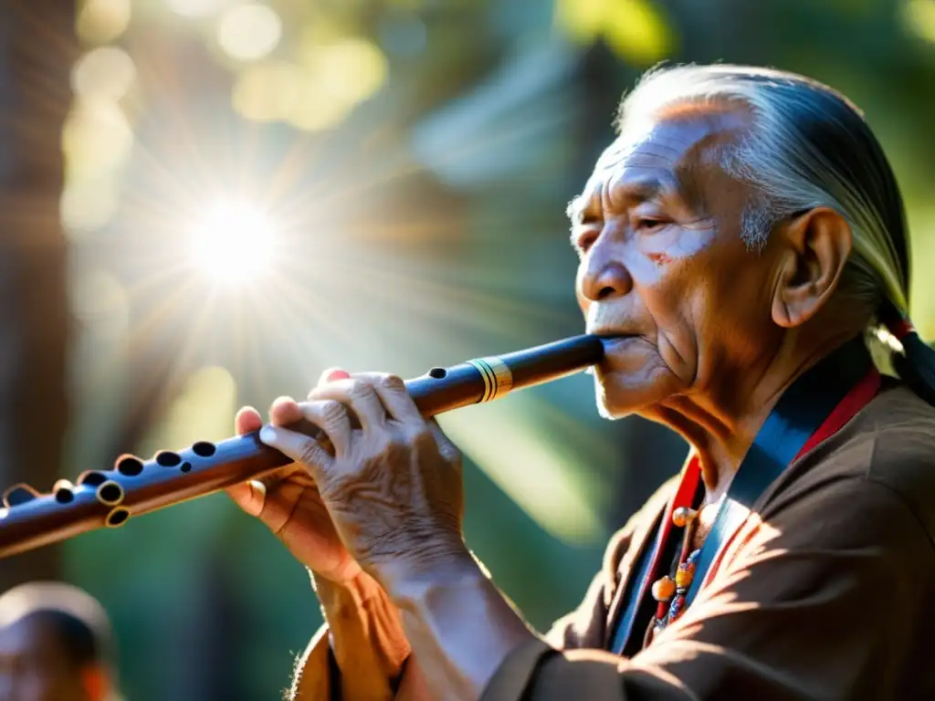 Un anciano nativo americano toca una flauta de madera en un entorno ceremonial