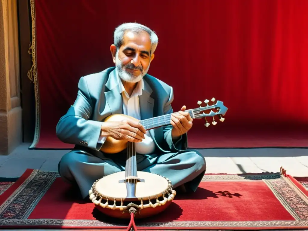 Un anciano músico iraní toca el Santur en una habitación llena de historia y tradición, preservación del Santur iraní historia