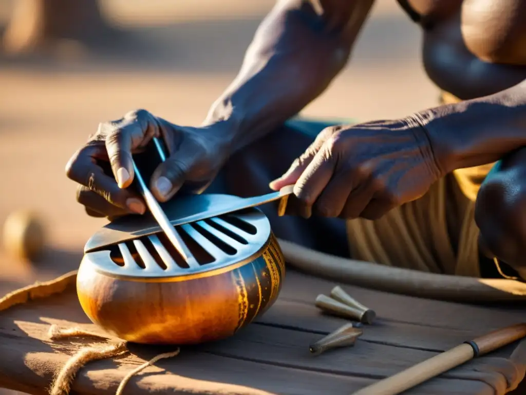 Un anciano tribal africano talla una kalimba en una calabaza al atardecer