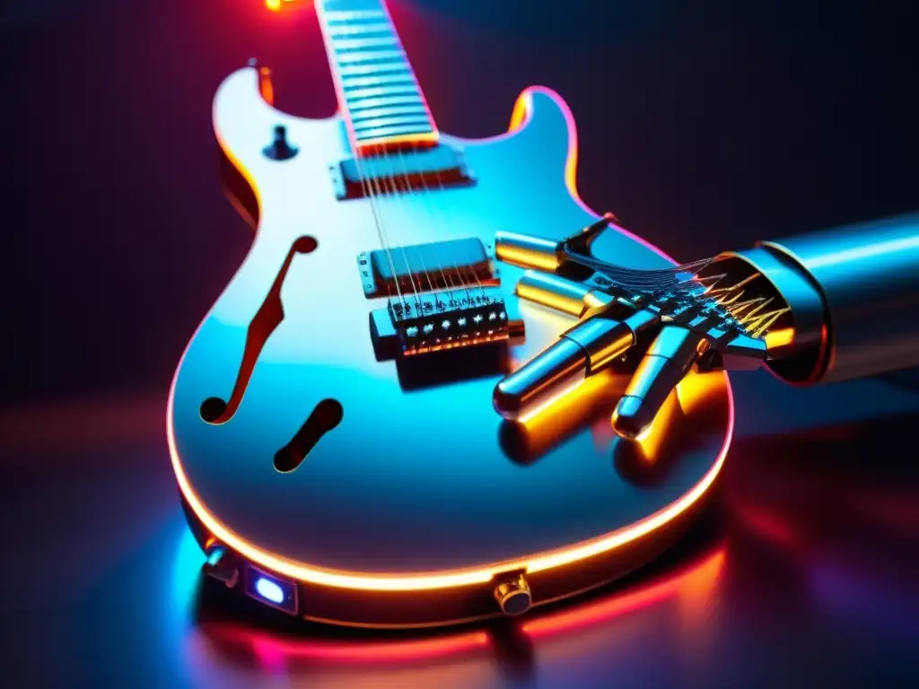 Un androide toca con delicadeza las cuerdas de una guitarra eléctrica futurista, iluminado por un resplandor neón