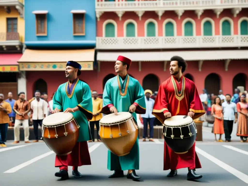 Una animada actuación de percusión tradicional en una bulliciosa calle de la ciudad, fusionando globalización en la percusión tradicional