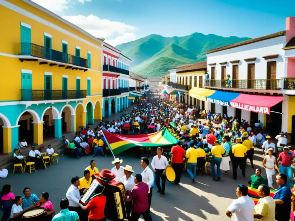 Festival de la Leyenda Vallenata: Energía y Color en Valledupar Una animada escena del Festival Vallenato en Valledupar, Colombia, con música, baile y coloridas decoraciones en las calles