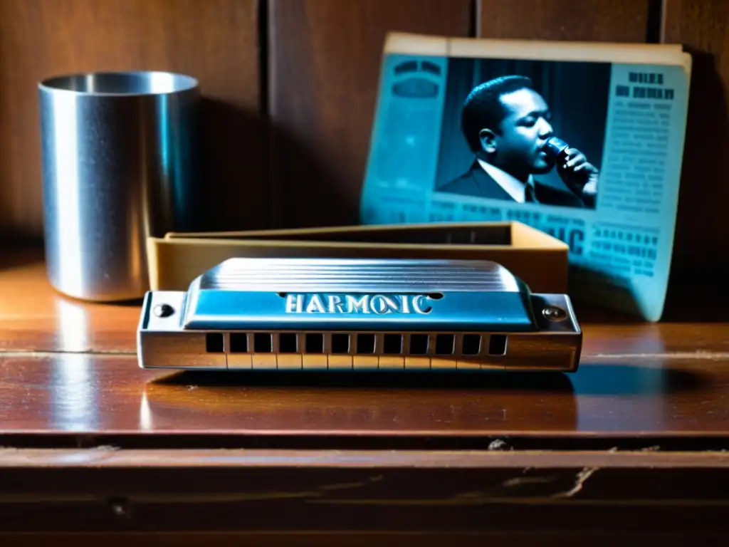 Una antigua armónica reposa sobre una mesa de madera, rodeada de discos de blues vintage y una fotografía en blanco y negro de un músico tocando la armónica en un escenario tenue