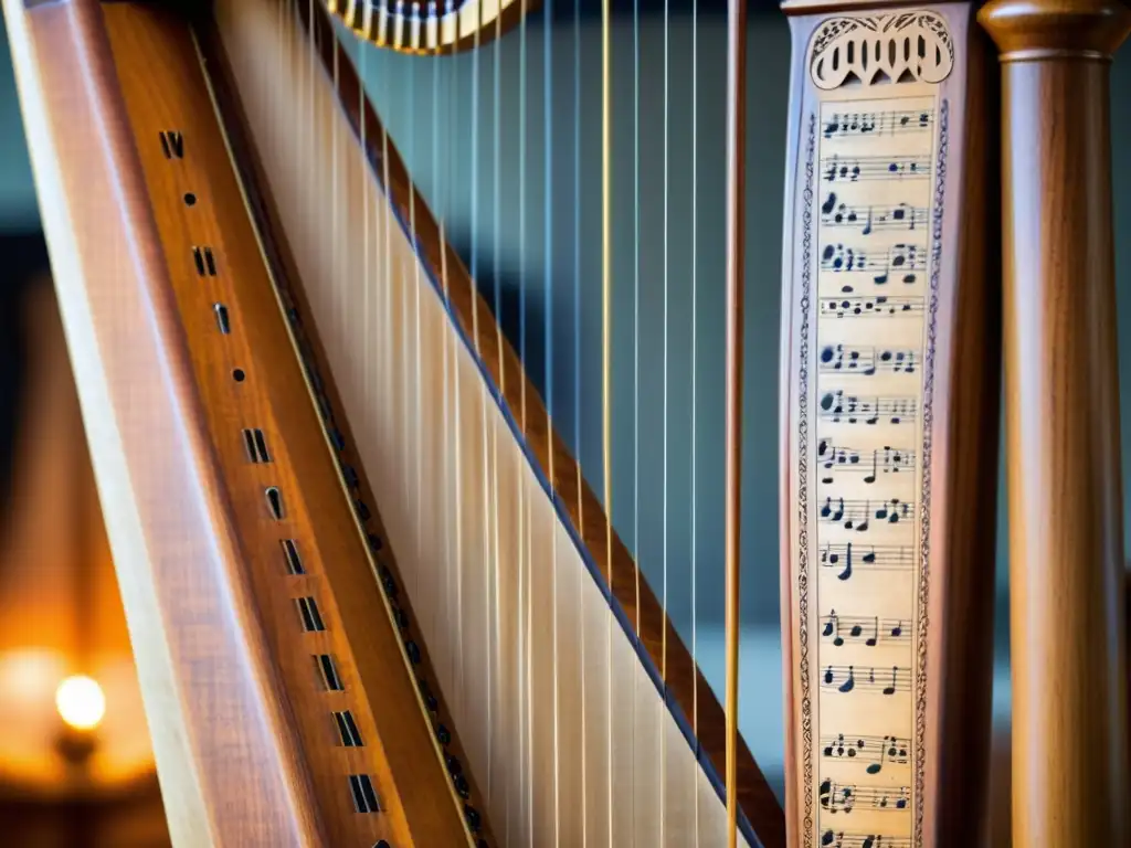 Una antigua arpa artesanal, con detalles intrincados y la calidez de la madera, evoca la transformación de la música a través de instrumentos