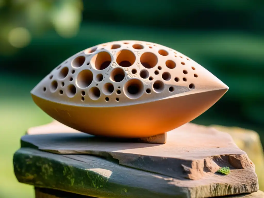 Antigua ocarina de barro en pedestal de piedra, con grabados e historia de diferentes civilizaciones