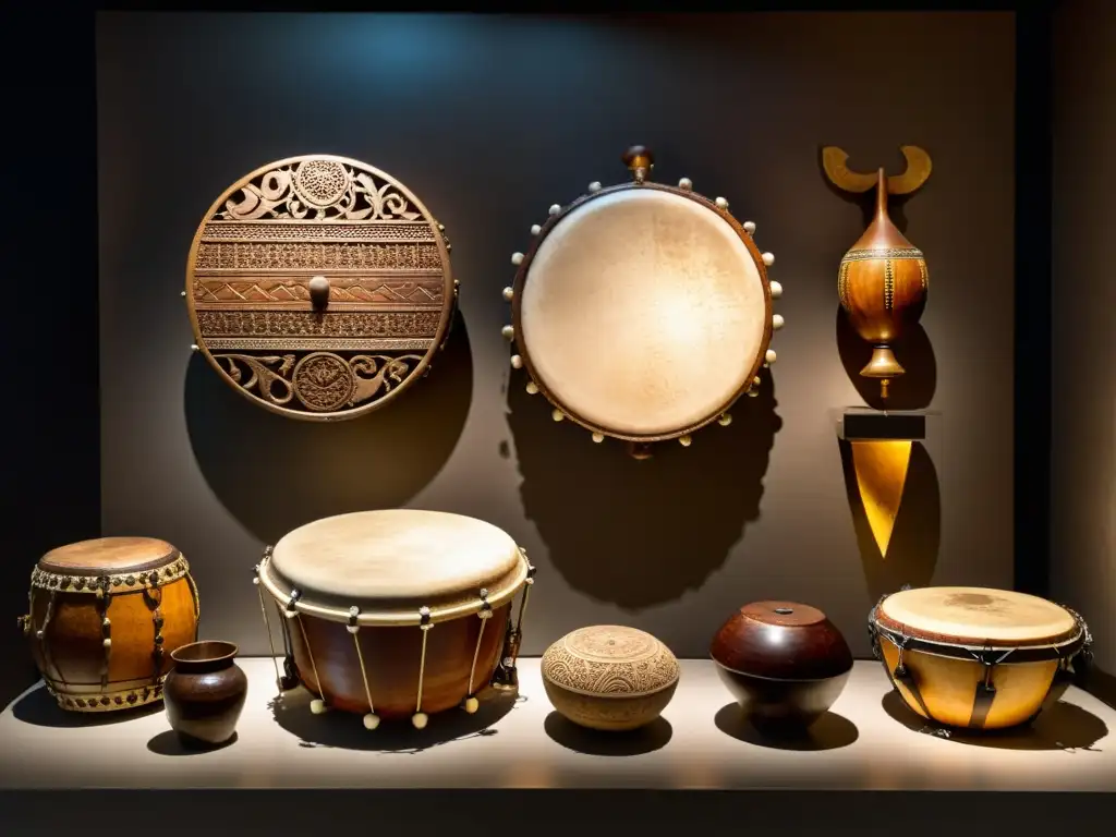 Antigua colección de instrumentos de percusión en exhibición, evocando reverencia y significado histórico