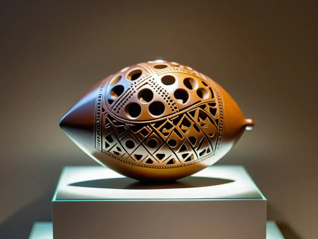 Antigua ocarina de arcilla finamente tallada en exposición, evocando historia y ocarinas de diferentes civilizaciones