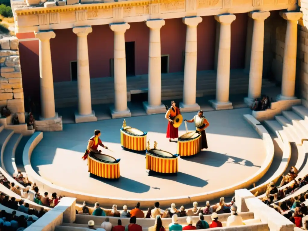 Representación de un antiguo anfiteatro griego con música, danzas y rituales