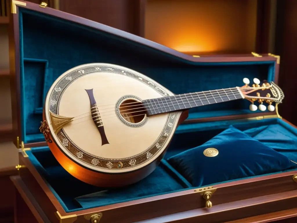 Un antiguo bouzouki griego tallado con detalles de nácar y madera, reposando en un estuche de terciopelo