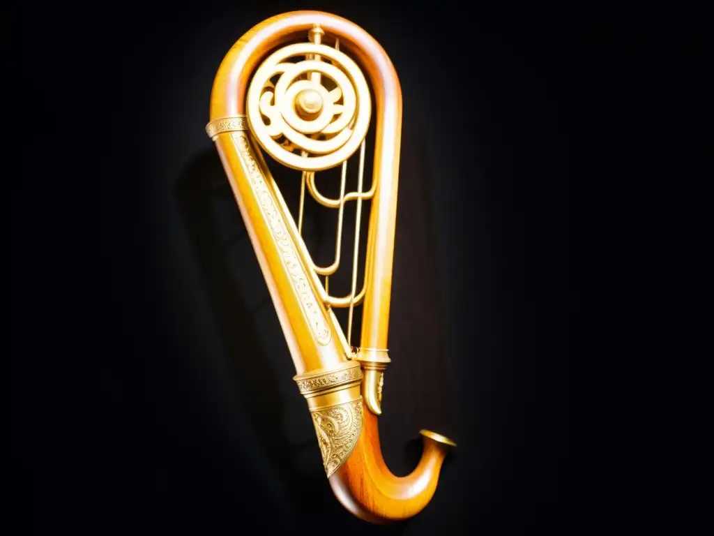 Un antiguo crumhorn musical en un museo, iluminado suavemente, destaca su historia y relevancia cultural en la música folclórica