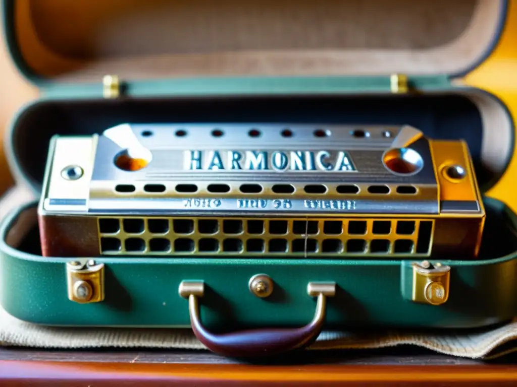 Un antiguo y desgastado estuche de guitarra con una armónica vintage en primer plano