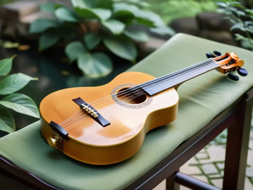 Un antiguo guqin chino, con finos grabados y delicadas cuerdas de seda, descansa en un jardín tranquilo