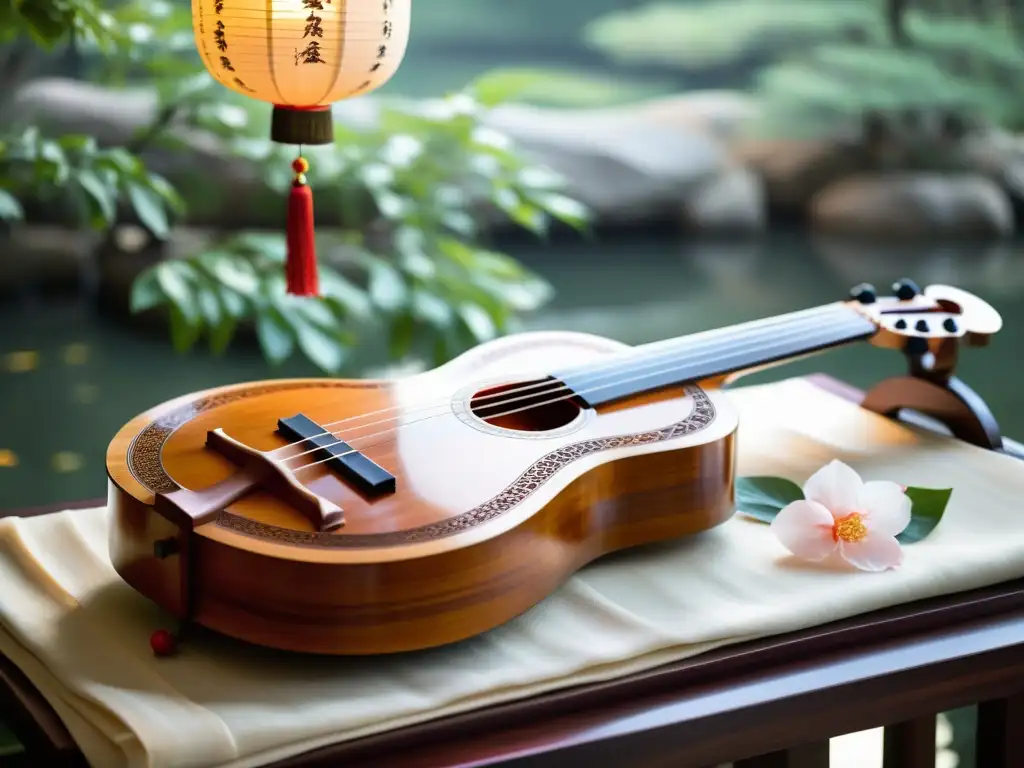 Un antiguo guqin chino de madera de rosa, con intrincados detalles y siete cuerdas, reposa sobre una seda con caligrafía tradicional