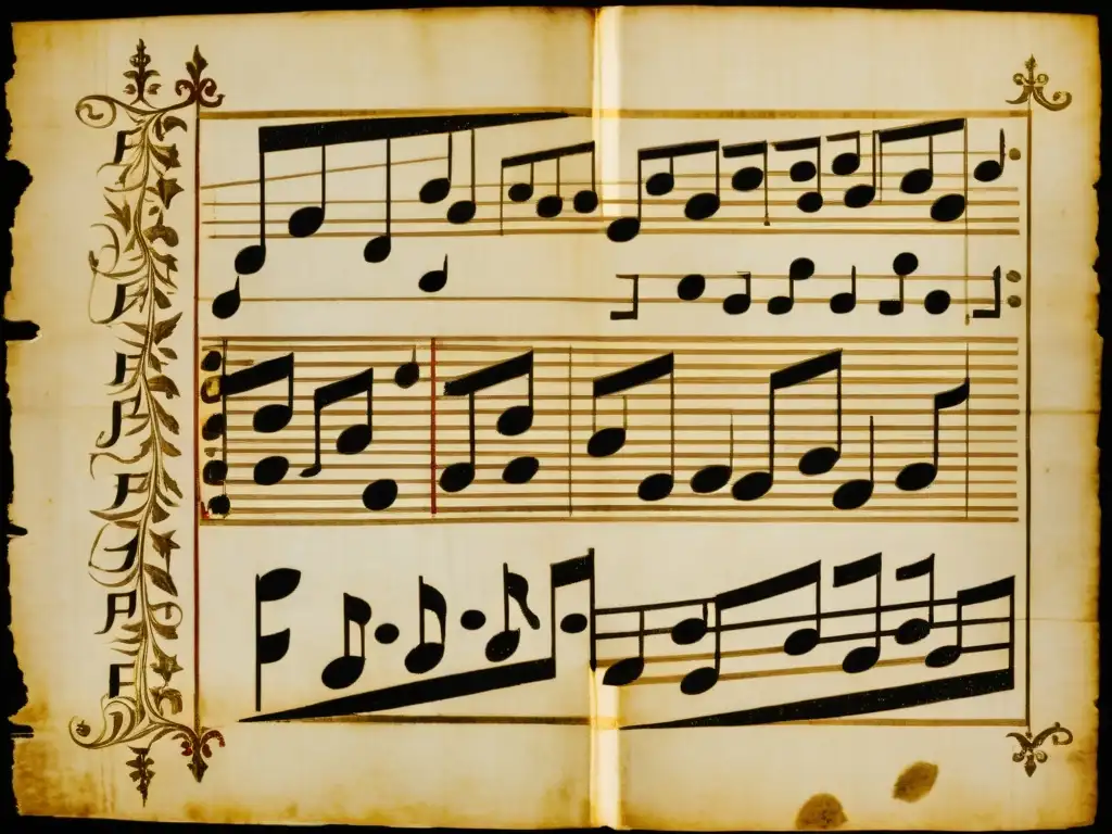 Antiguo manuscrito con la historia del clavicordio y clavicémbalo, notaciones musicales e ilustraciones detalladas en pergamino envejecido