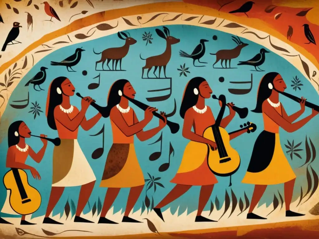 Un antiguo mural de cueva muestra humanos cantando y tocando instrumentos musicales primitivos, con colores vibrantes y detalles intrincados, evocando la historia del canto coral en instrumentos musicales