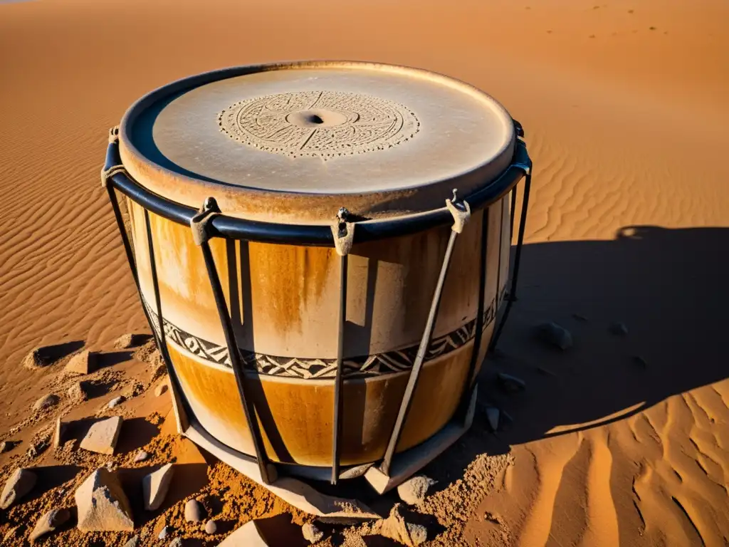 Un antiguo tambor abandonado en el desierto, rodeado de instrumentos exiliados, refleja la historia de instrumentos musicales exiliados