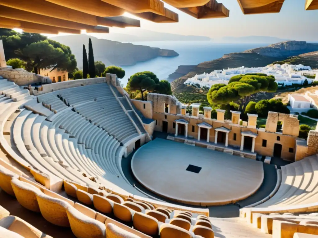 Un antiguo teatro griego iluminado por el cálido sol, destaca los instrumentos musicales del teatro clásico